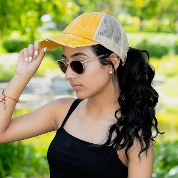 C.C Accessories - NWOT C.C Ponytail Criss-Cross Distressed Baseball Cap - Mustard/Khaki